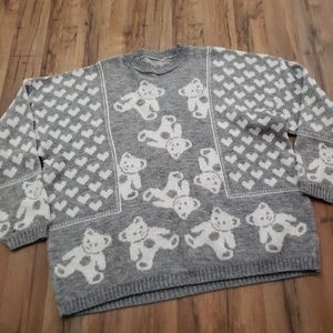 Vtg 80s grey white acrylic sweater teddy bear kawaii oversized